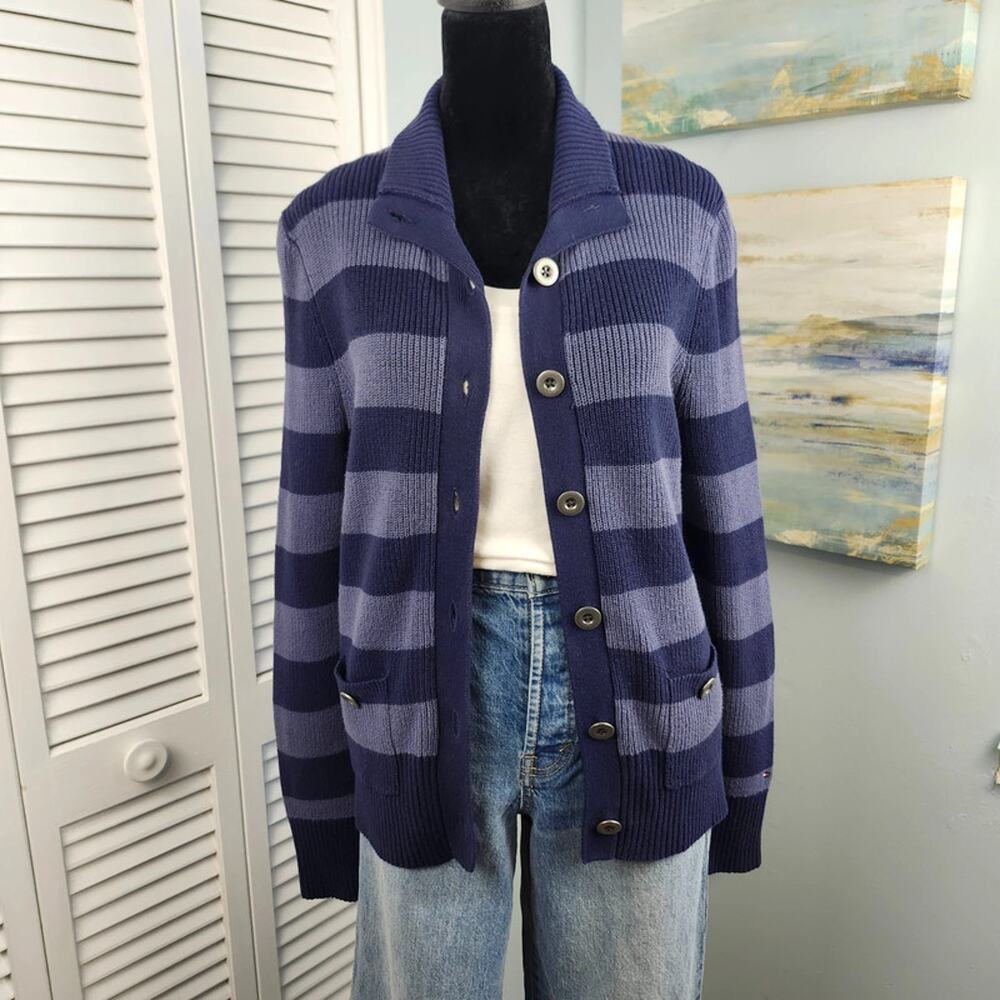 Tommy Hilfiger Cardigan M Blue Striped Collegiate Academia Bookcore